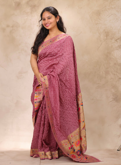 Onion Pink Handcrafted Bandhani Paithani Dola Silk Saree | Looms & Tassels