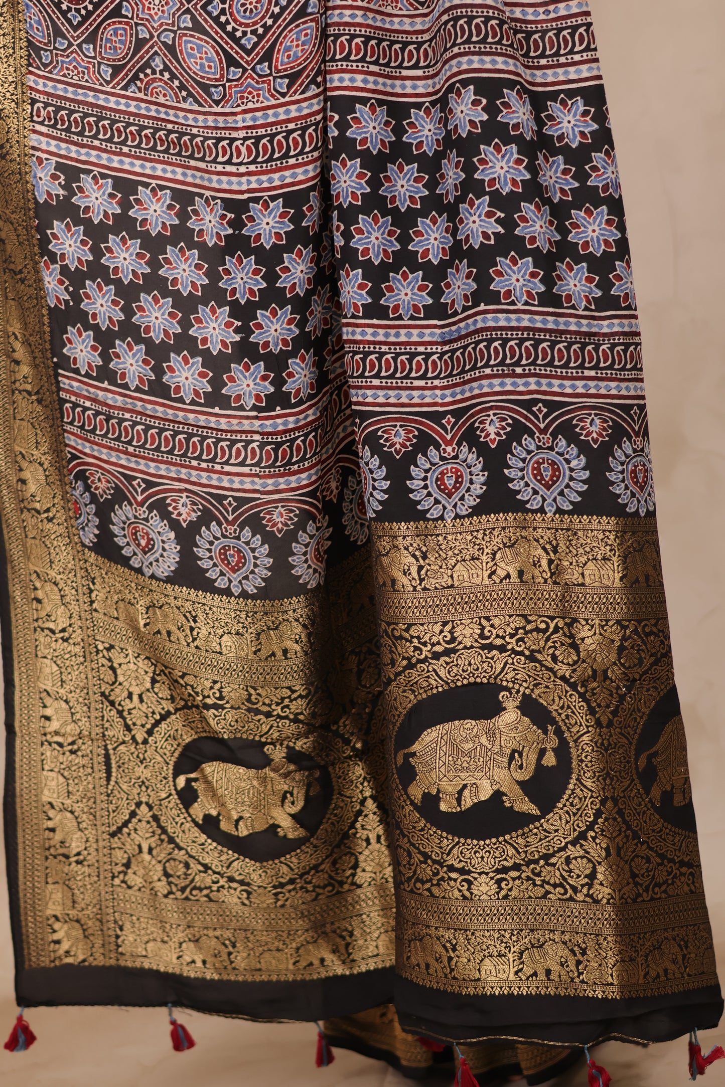 Black Ajrakh Handblock printed Dola Silk Saree | Looms & Tassels