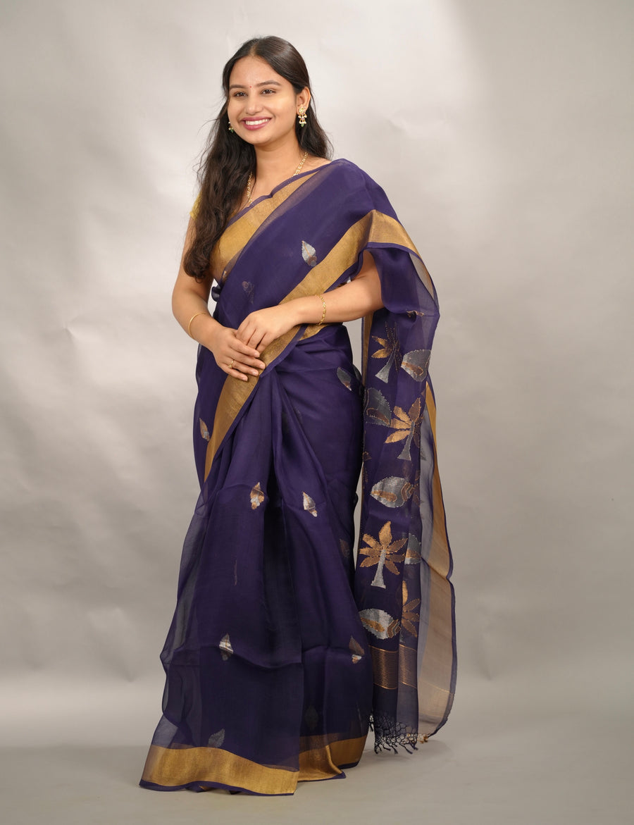 Dark Blue Handloom Muslin Silk Saree With jamdhani weaving | Looms & Tassels