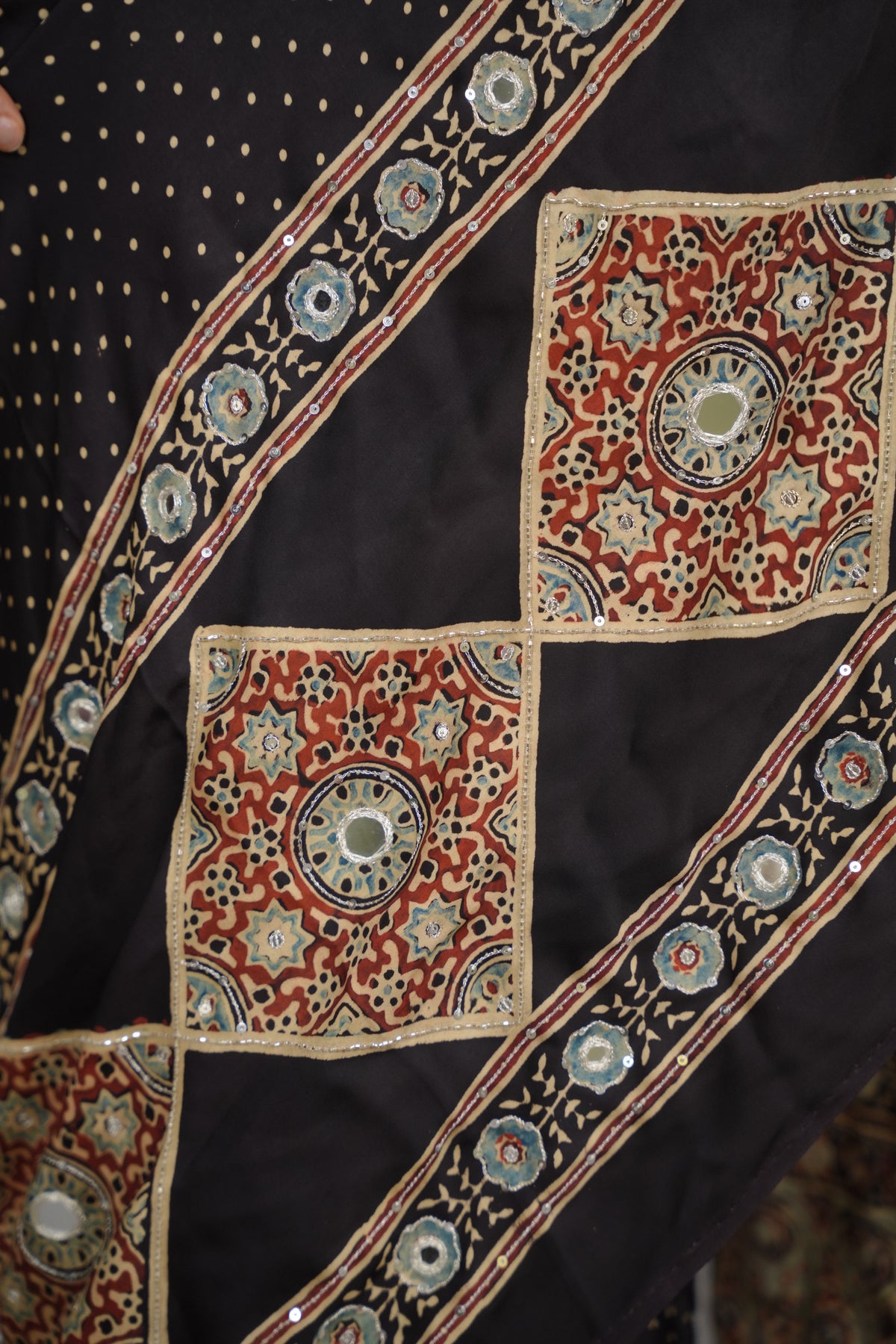 Black Ajrakh Modal Silk Hand Embroidery Saree  | Looms & Tassels