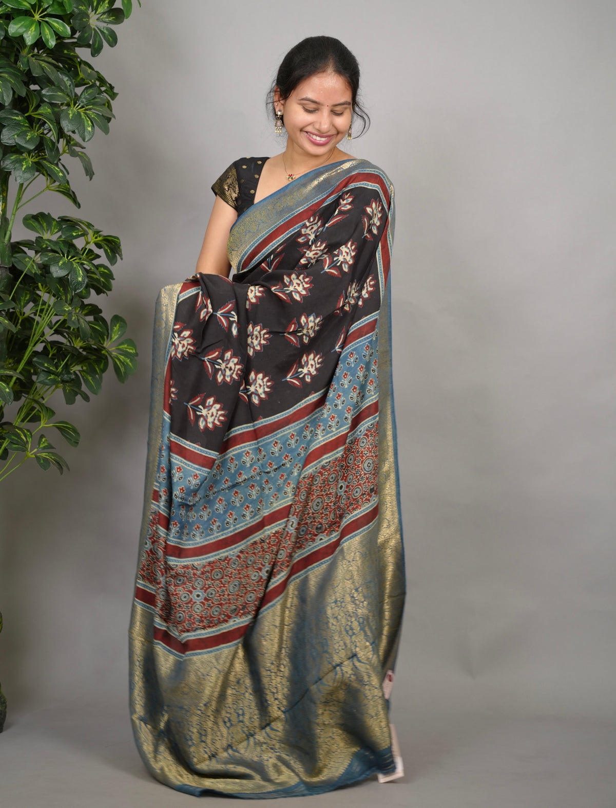 Ajrakh Dola Silk Saree - Black | Looms & Tassels