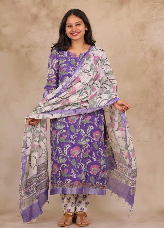 Lavender Linen Cotton Handblock printed 3 piece suit (stitched)