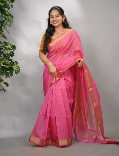 Pink Checks Handloom Maheswari Silk Cotton Sarees | Looms & Tassels