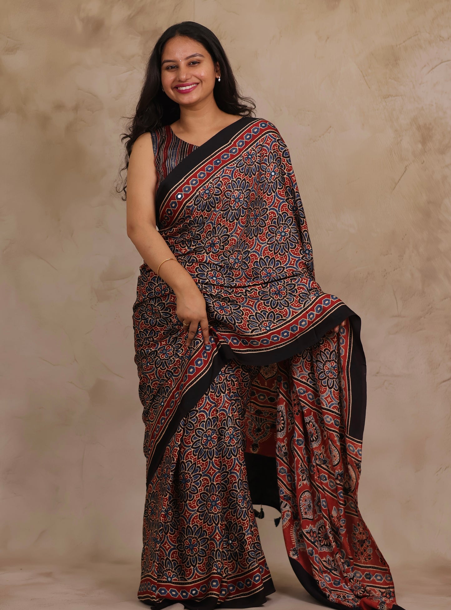 Red Handcrafted Ajrakh Modal Silk Saree with Authentic Banjara Mirror Work | Looms & Tassels
