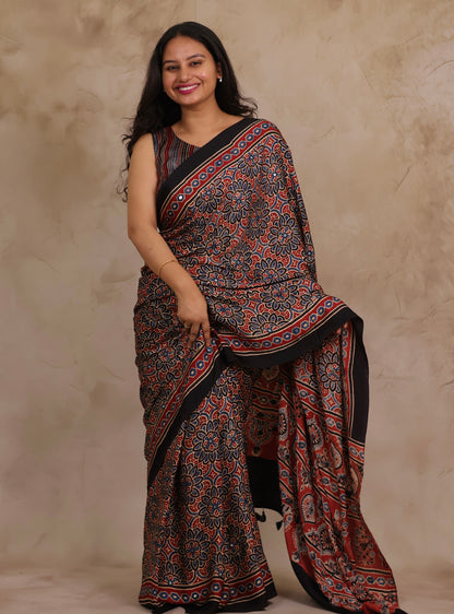 Red Handcrafted Ajrakh Modal Silk Saree with Authentic Banjara Mirror Work | Looms & Tassels