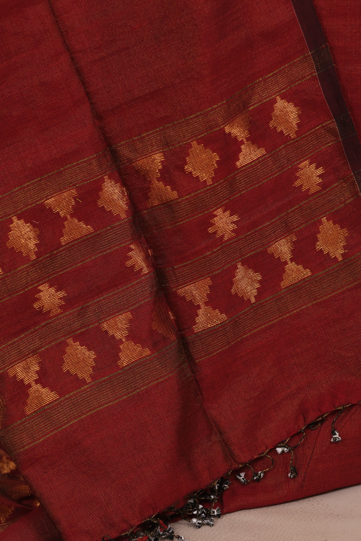Rust Orange Handwoven Jamdhani weaving Tissue Linen 2 piece suit sets | Looms & Tassels
