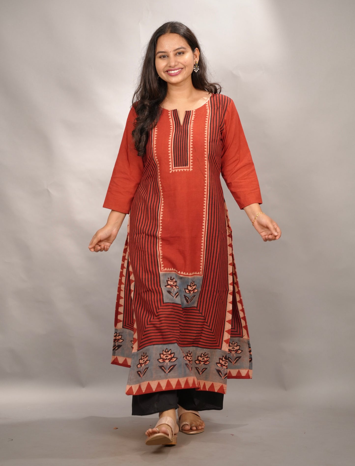 Red Ajrakh Pattern Hand Block printed Kurti | Looms & Tassels