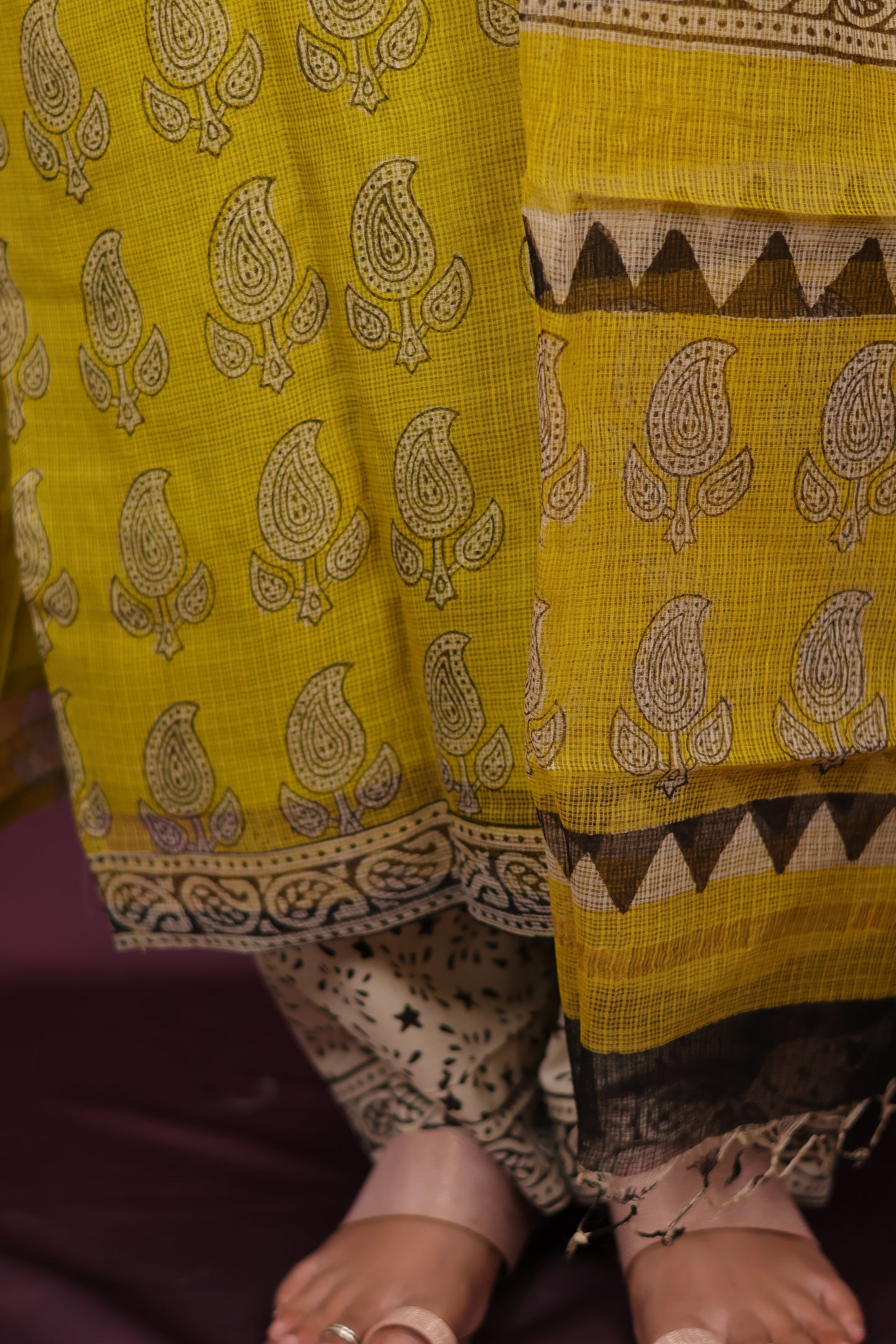 Yellow Handblock printed kota 3 piece suit (stitched)