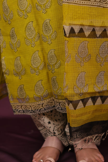 Yellow Handblock printed kota 3 piece suit (stitched)