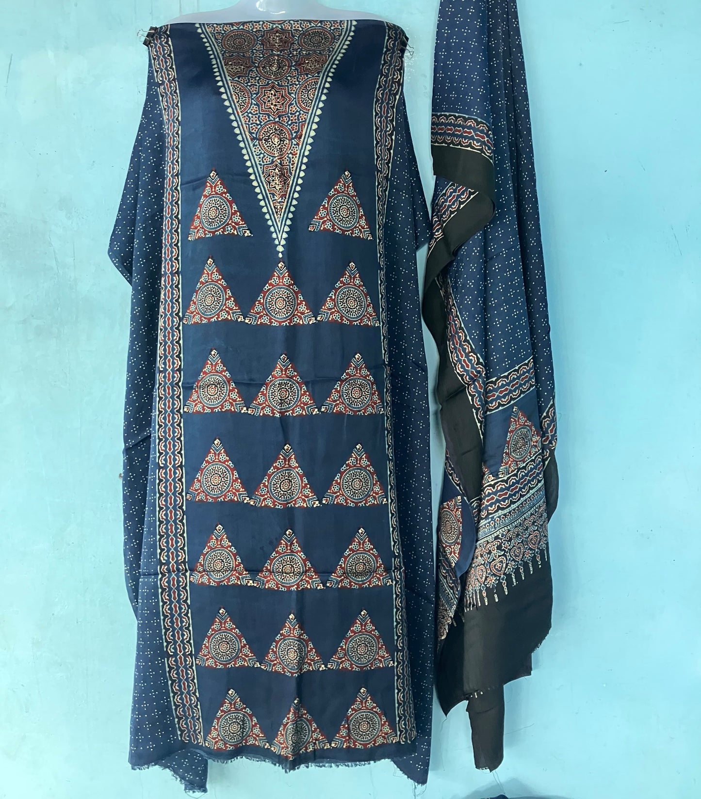 Indigo Geometric Ajrakh Handblock Printed Modal Silk 2 Piece Suit Set