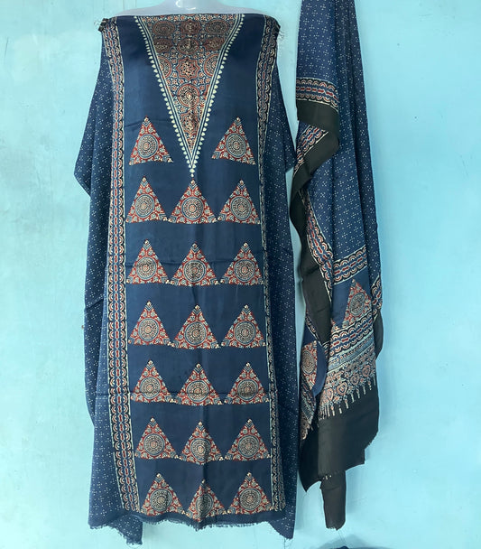 Indigo Geometric Ajrakh Handblock Printed Modal Silk 2 Piece Suit Set
