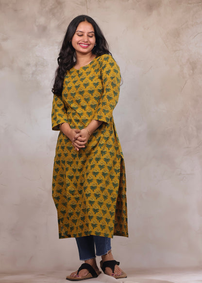 Yellow Ajrakh Hand Block Printed Kurti | Looms & Tassels