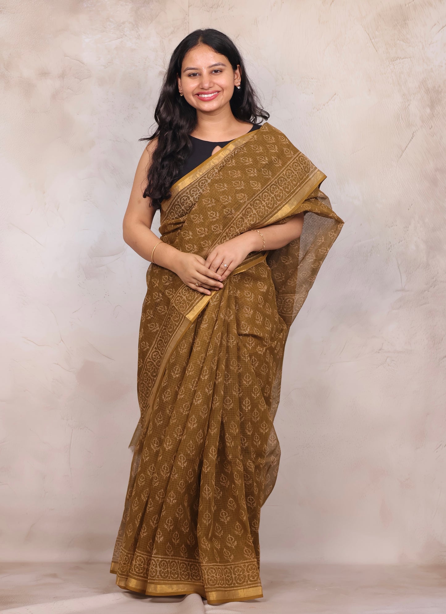 Mustard Pure Kota Doria Saree with Bagru Handblock Prints | Looms & Tassels