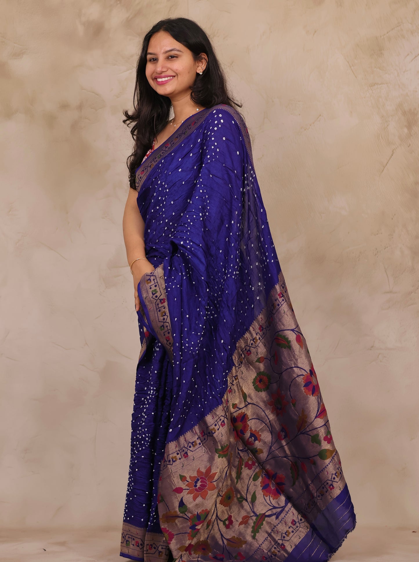 Blue Handcrafted Pattern Bandhani Paithani Dola Silk Saree | Looms & Tassels