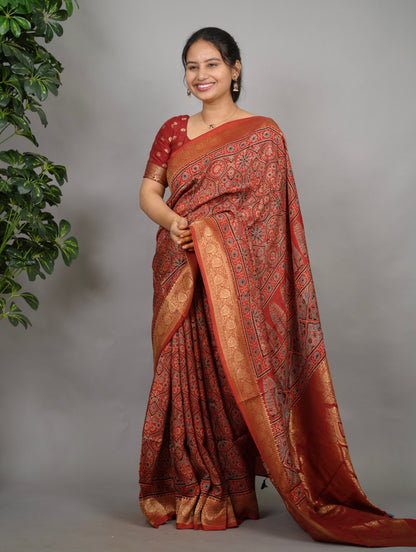 Maroon Ajrakh Handblock printed Dola Silk Saree| Looms & Tassels