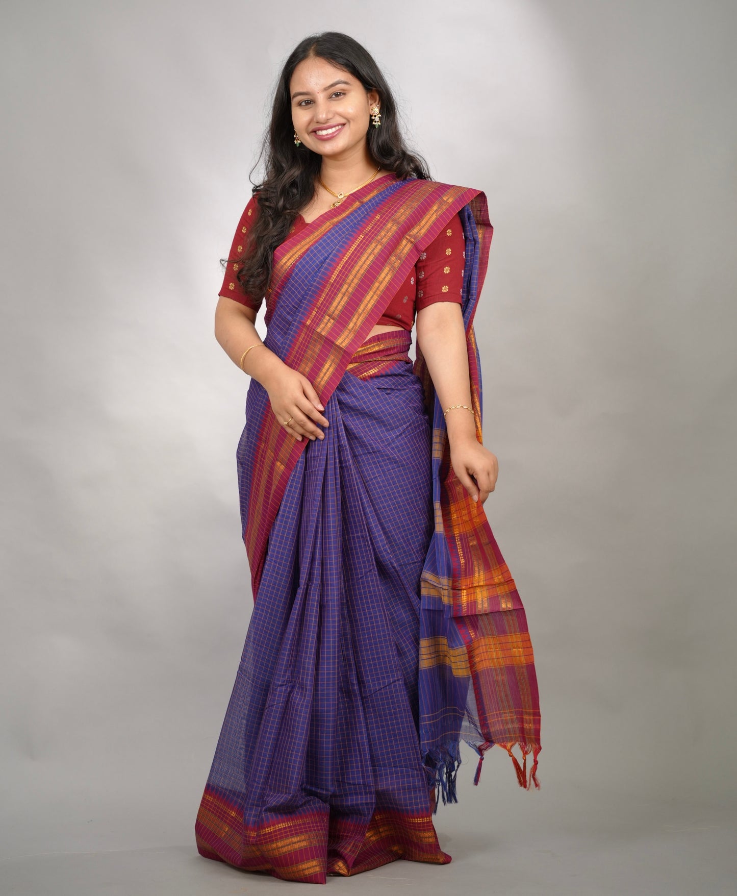 Blue Checks Narayanpet Cotton Saree with Traditional contrast Border | Looms & Tassels