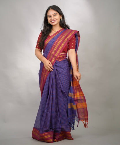 Blue Checks Narayanpet Cotton Saree with Traditional contrast Border | Looms & Tassels