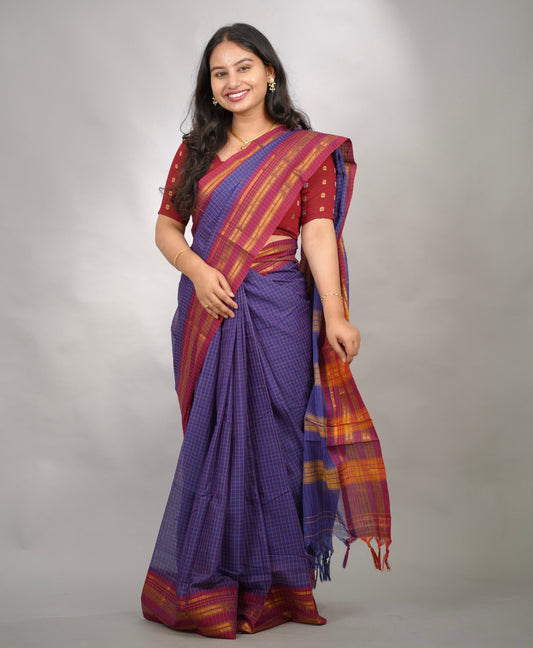 Blue Checks Narayanpet Cotton Saree with Traditional contrast Border | Looms & Tassels