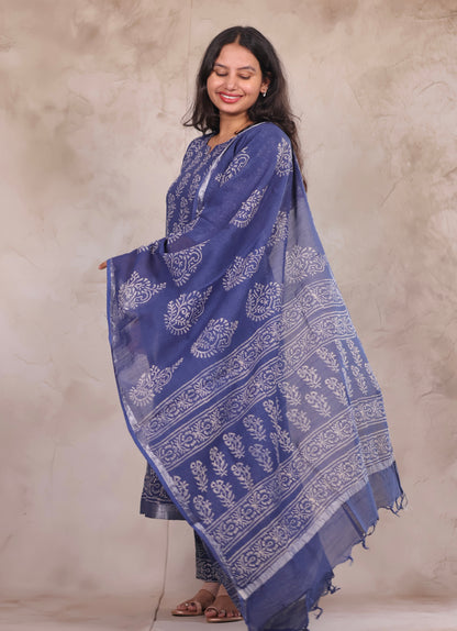 Indigo Linen Cotton Handblock printed 3 piece suit (stitched)