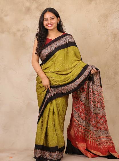 Lemon Green Hand Knotted Bandhej Arakh Modal Silk Saree with Lagdi Pallu | Looms & Tassels