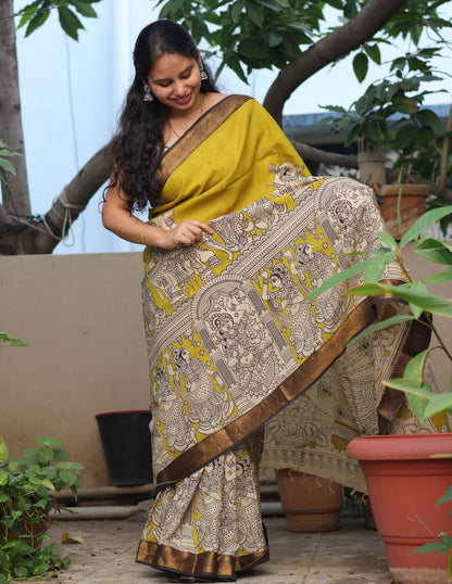 Mustard Traditional Folks Kalamkari Silk Handcrafted Nizam Border Saree