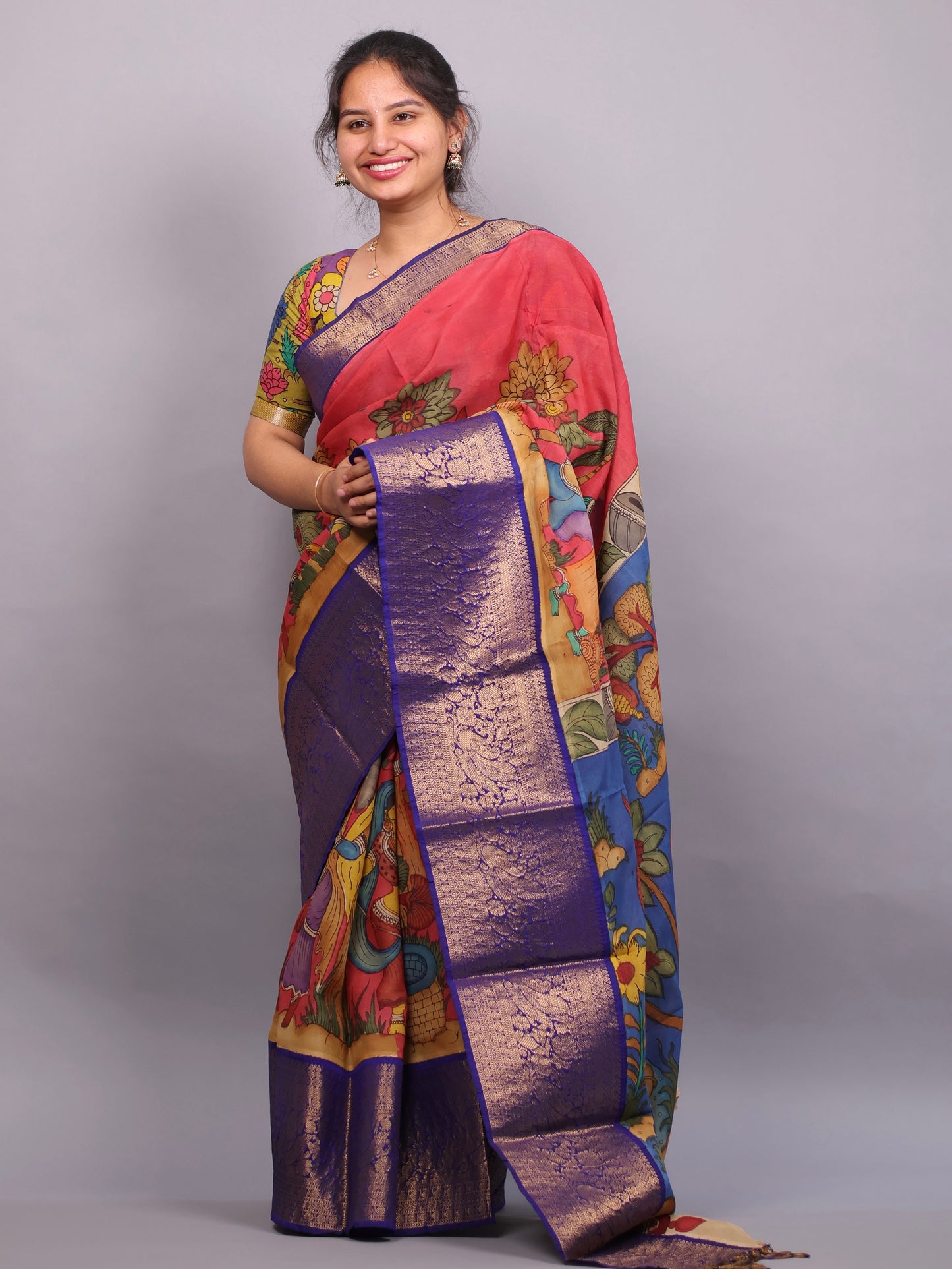 Pink Hand Painted Pen Kalamkari Silk Saree