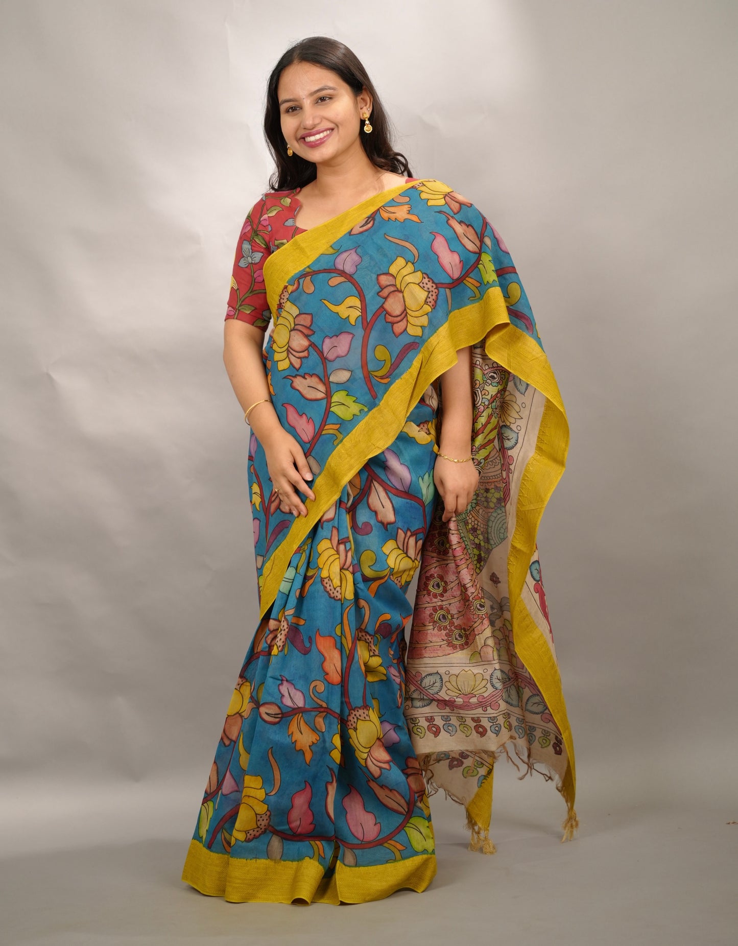 Hand Drawn Pen Kalamkari Rama Blue And Yellow Bangalore Silk Gicha Border Saree | Looms & Tassels