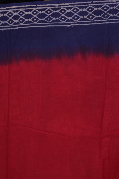 Red & Blue Bagru Handblock printed MulMul cotton saree | Looms & Tassels