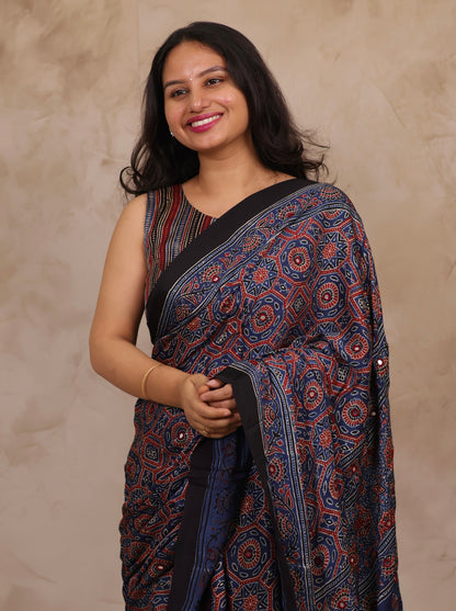 Indigo Handcrafted Ajrakh Modal Silk Saree with Authentic Banjara Mirror Work | Looms & Tassels
