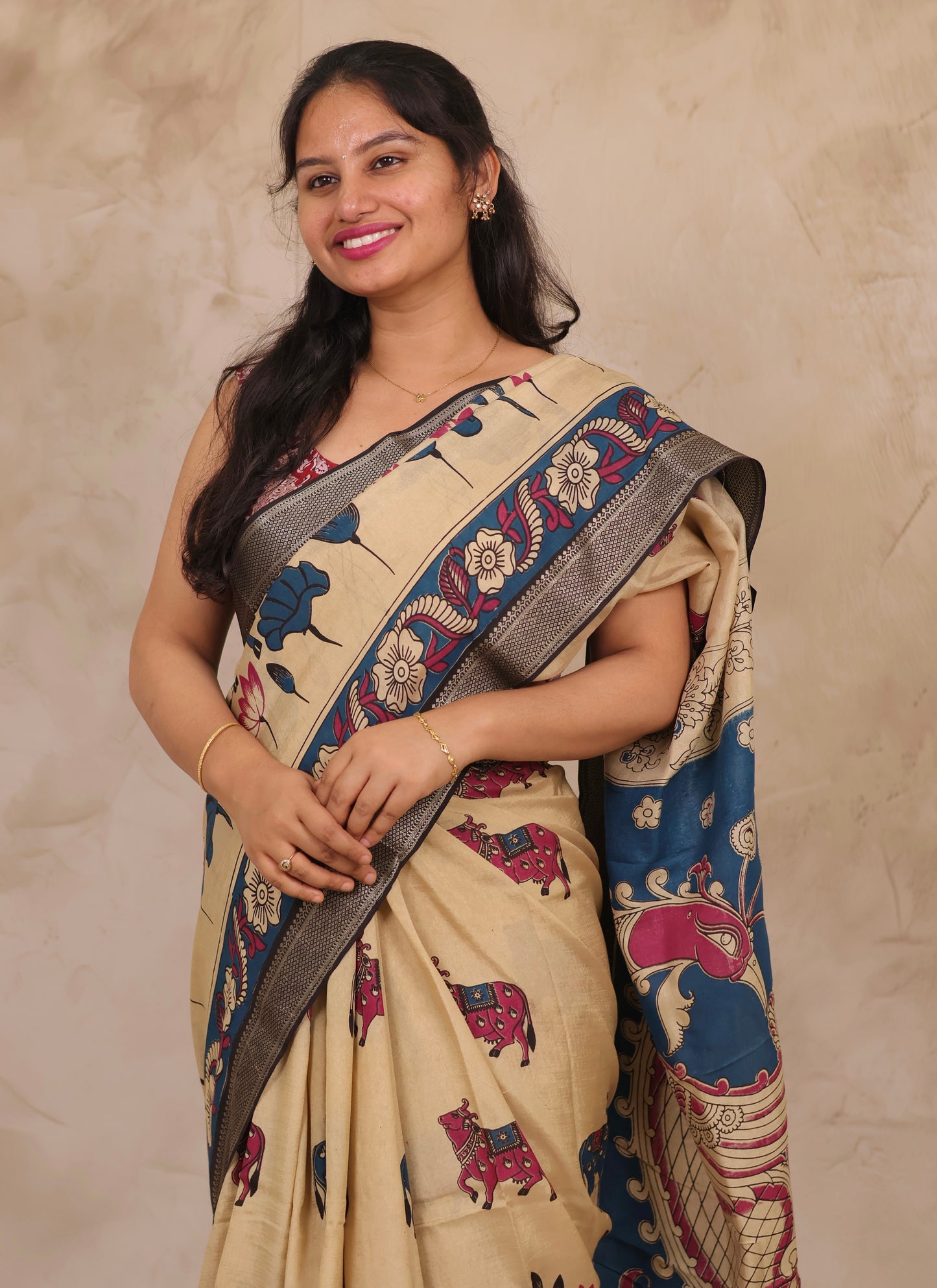 Cream Pichwai Design Kalamkari Nizam Border Chennur Silk Saree | Looms & Tassels
