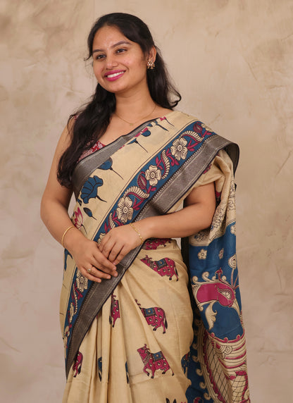 Cream Pichwai Design Kalamkari Nizam Border Chennur Silk Saree | Looms & Tassels