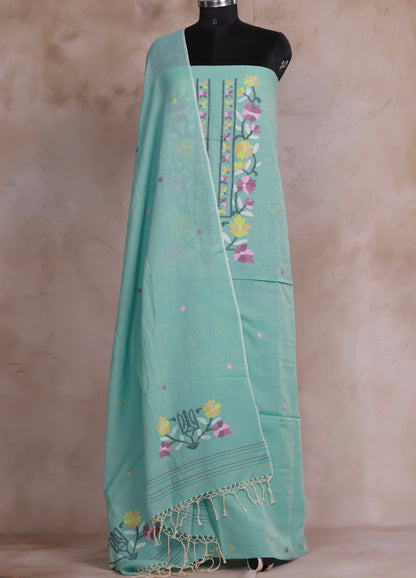 Sea Green Handwoven Jamdhani weaving pure Malai cotton 2 piece suit sets | Looms & Tassels