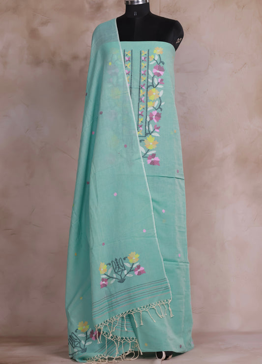 Sea Green Handwoven Jamdhani weaving pure Malai cotton 2 piece suit sets | Looms & Tassels
