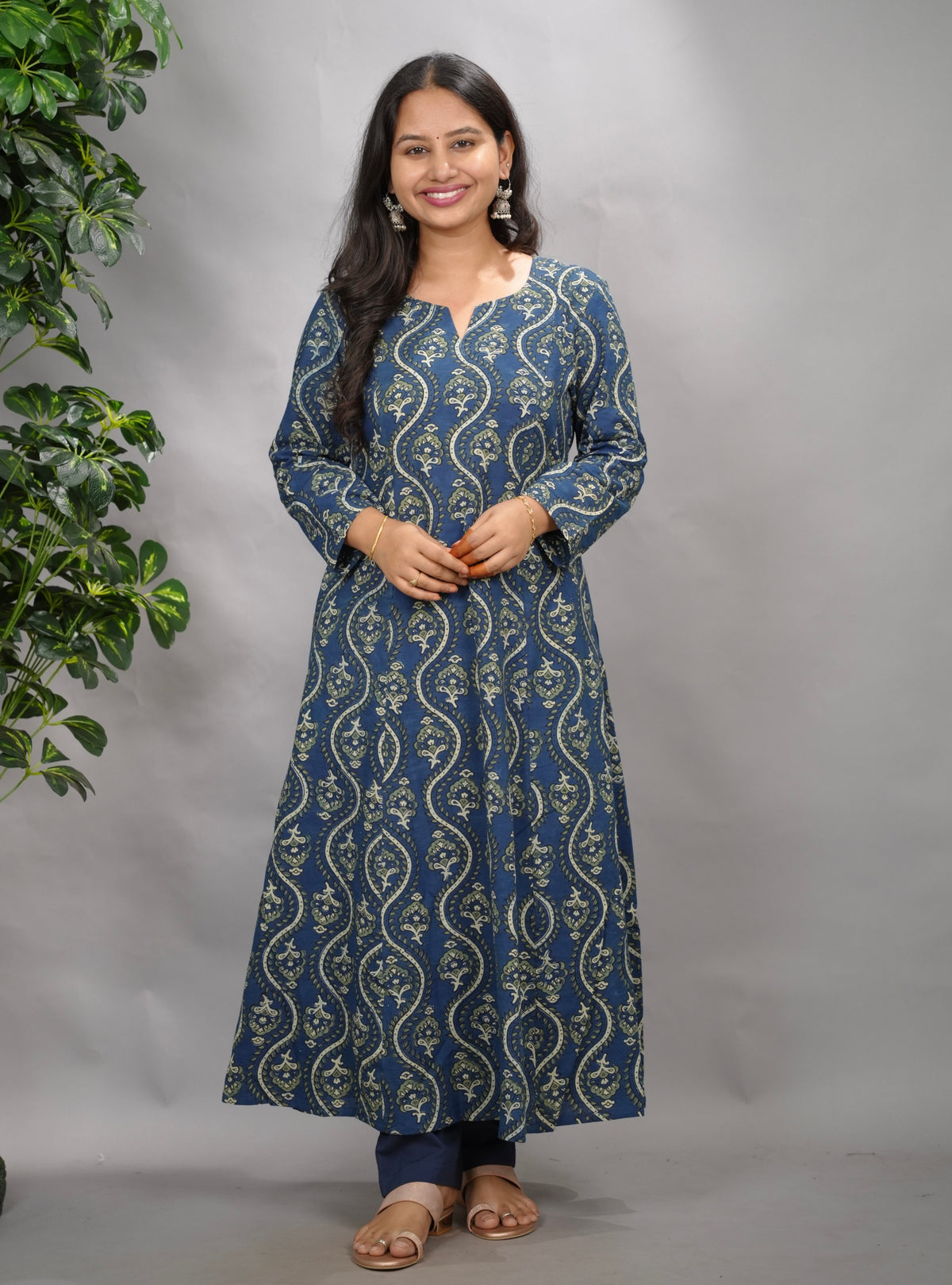 Indigo Ajrakh Cotton Kali Kurta | Looms & Tassels