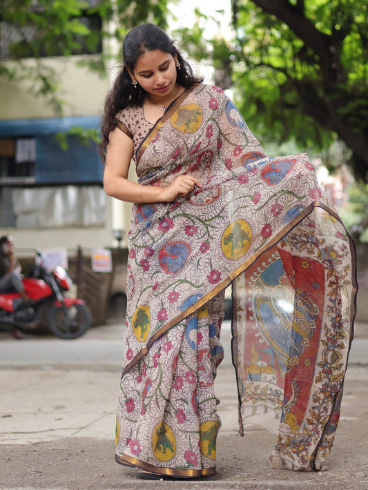 Cream Kalamkari printed Kota Doriya Saree