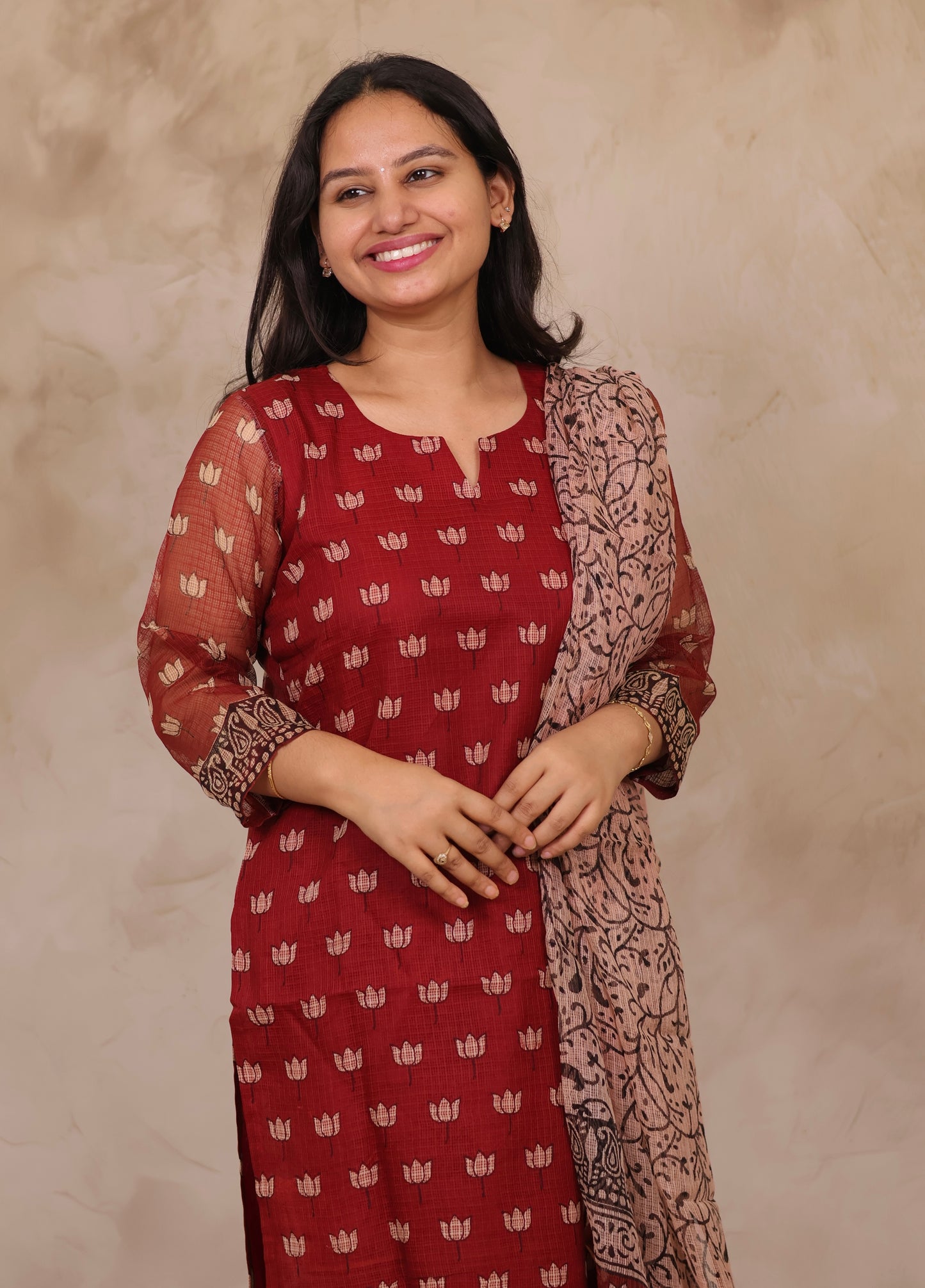 Deep Maroon Handblock printed kota 3 piece suit (stitched)