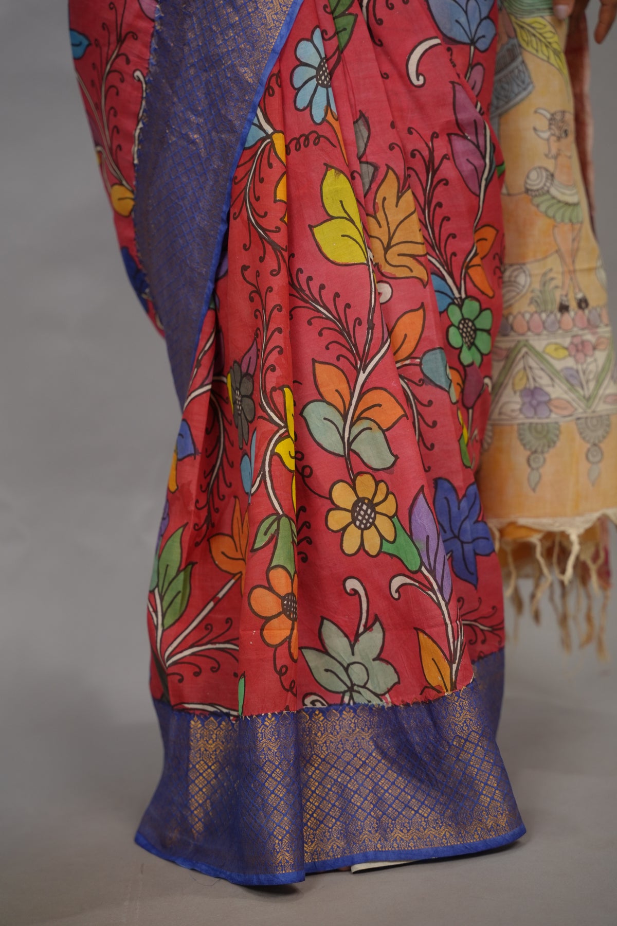Pink Hand Drawn Pen Kalamkari Bangalore Silk Kanchi Border Saree | Looms & Tassels