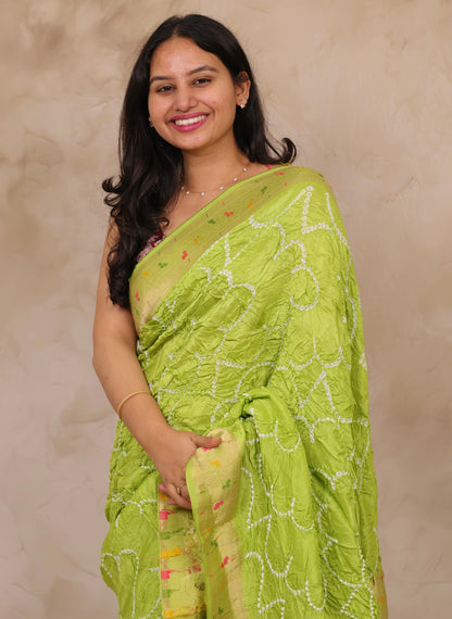 Pista Green Handcrafted Pattern Bandhani Paithani Dola Silk Saree | Looms & Tassels