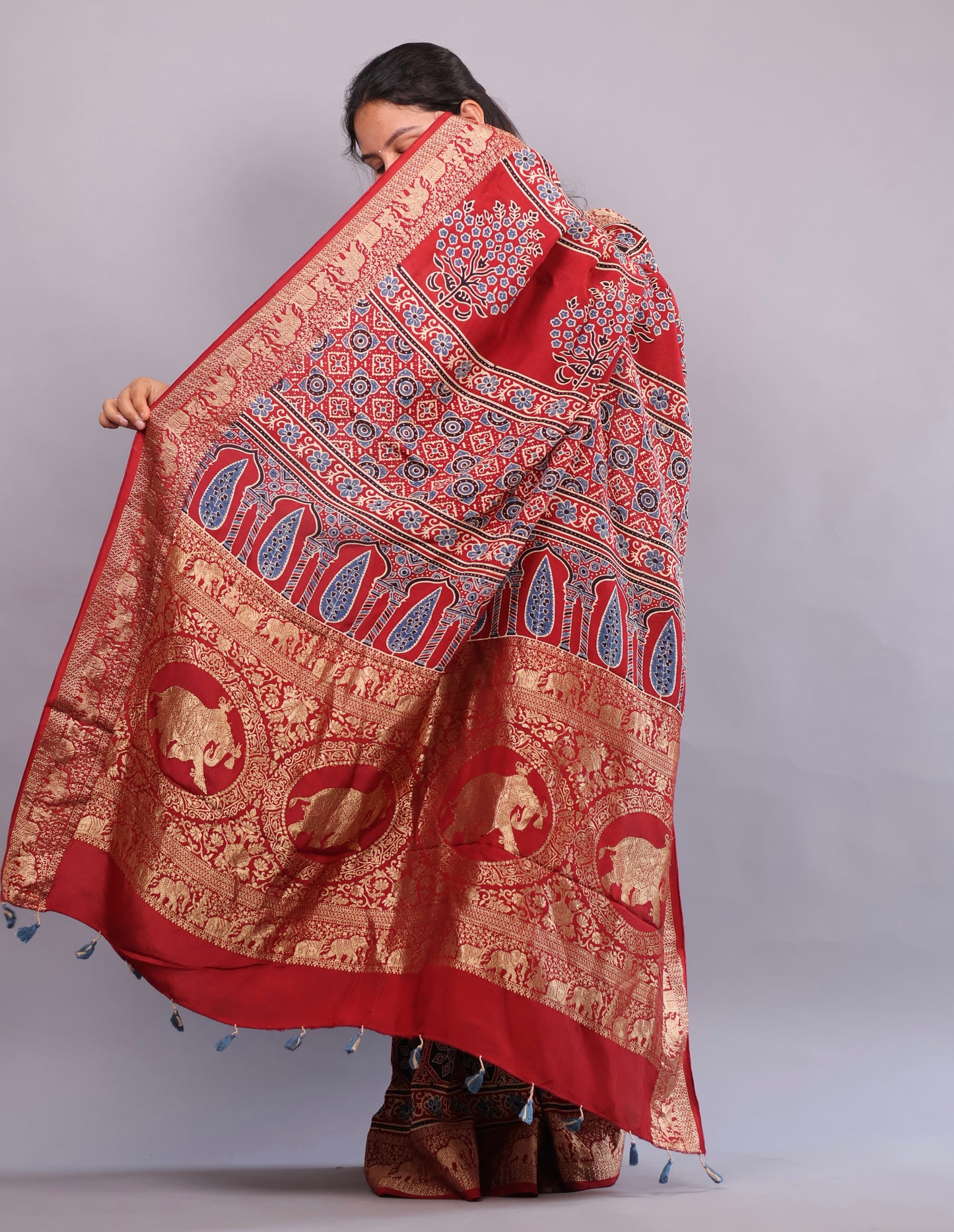 Black & Red Ajrakh Handblock printed Dola Silk Saree | Looms & Tassels