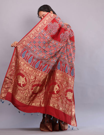 Black & Red Ajrakh Handblock printed Dola Silk Saree | Looms & Tassels