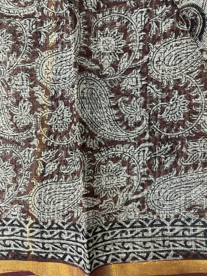 Cream Kalamkari Hand block printed Kota Doria Saree