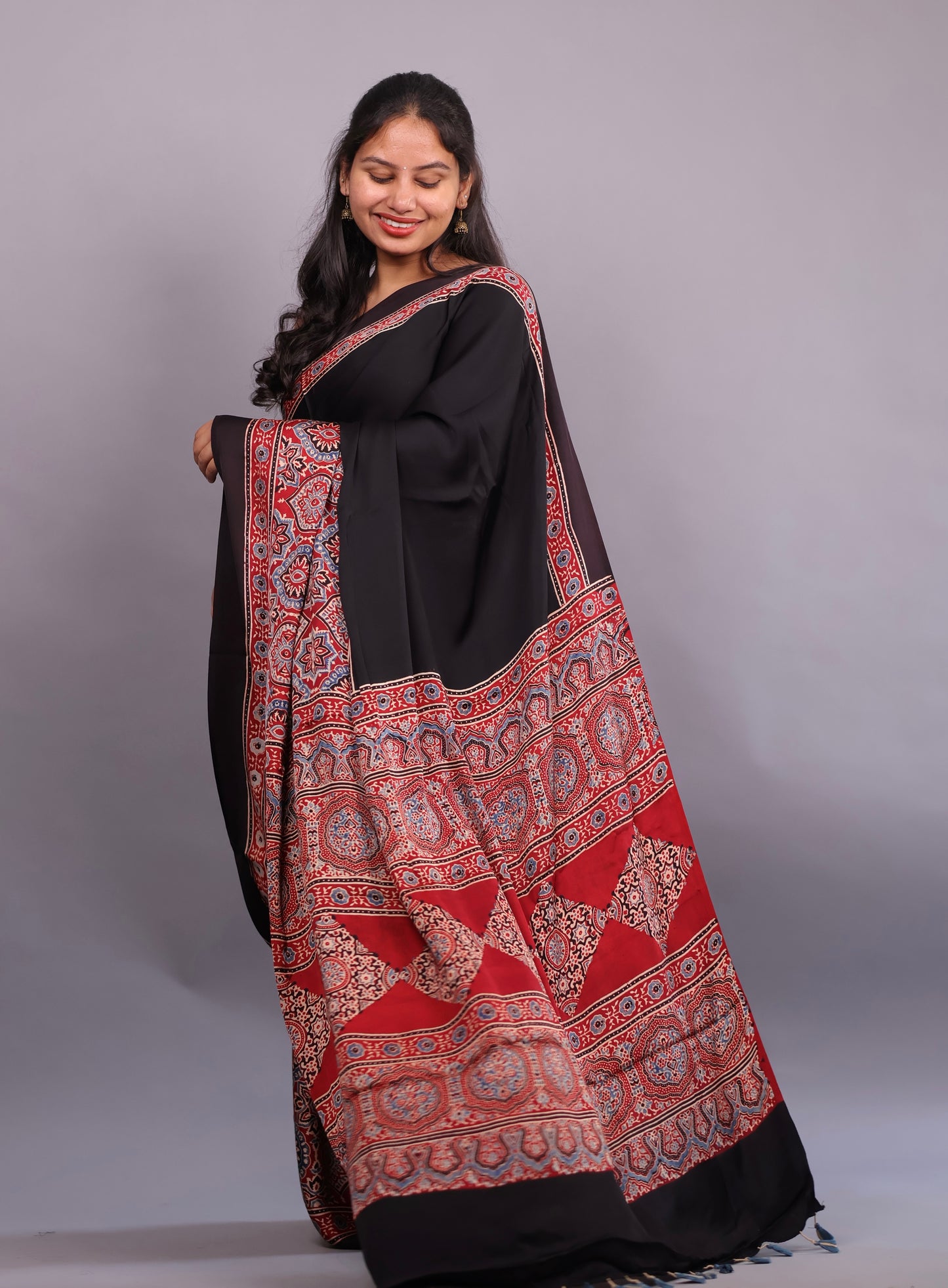 Authentic Ajrakh Handblock Printed Modal Silk Saree | Looms & Tassels