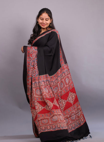 Authentic Ajrakh Handblock Printed Modal Silk Saree | Looms & Tassels