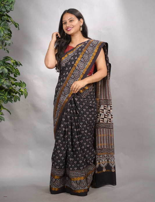 Black Ajrakh Hand Block Printed Sungudi Cotton Saree | Looms & Tassels