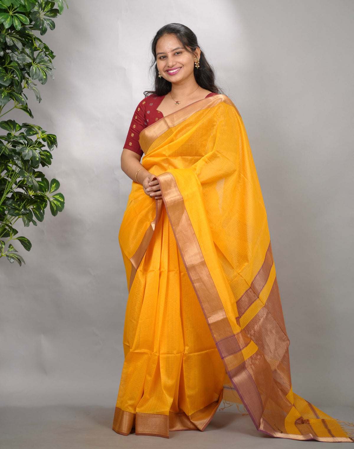 Yellow Checks Handloom Maheswari Silk Cotton Sarees | Looms & Tassels