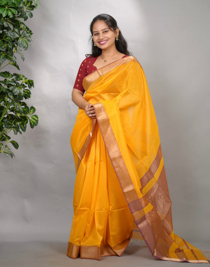 Yellow Checks Handloom Maheswari Silk Cotton Sarees | Looms & Tassels