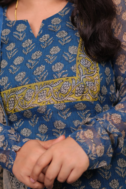 Cyan Blue Handblock printed kota 3 piece suit with chudi sleeves (stitched)