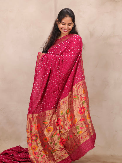Pink Handcrafted Bandhani Paithani Dola Silk Saree | Looms & Tassels