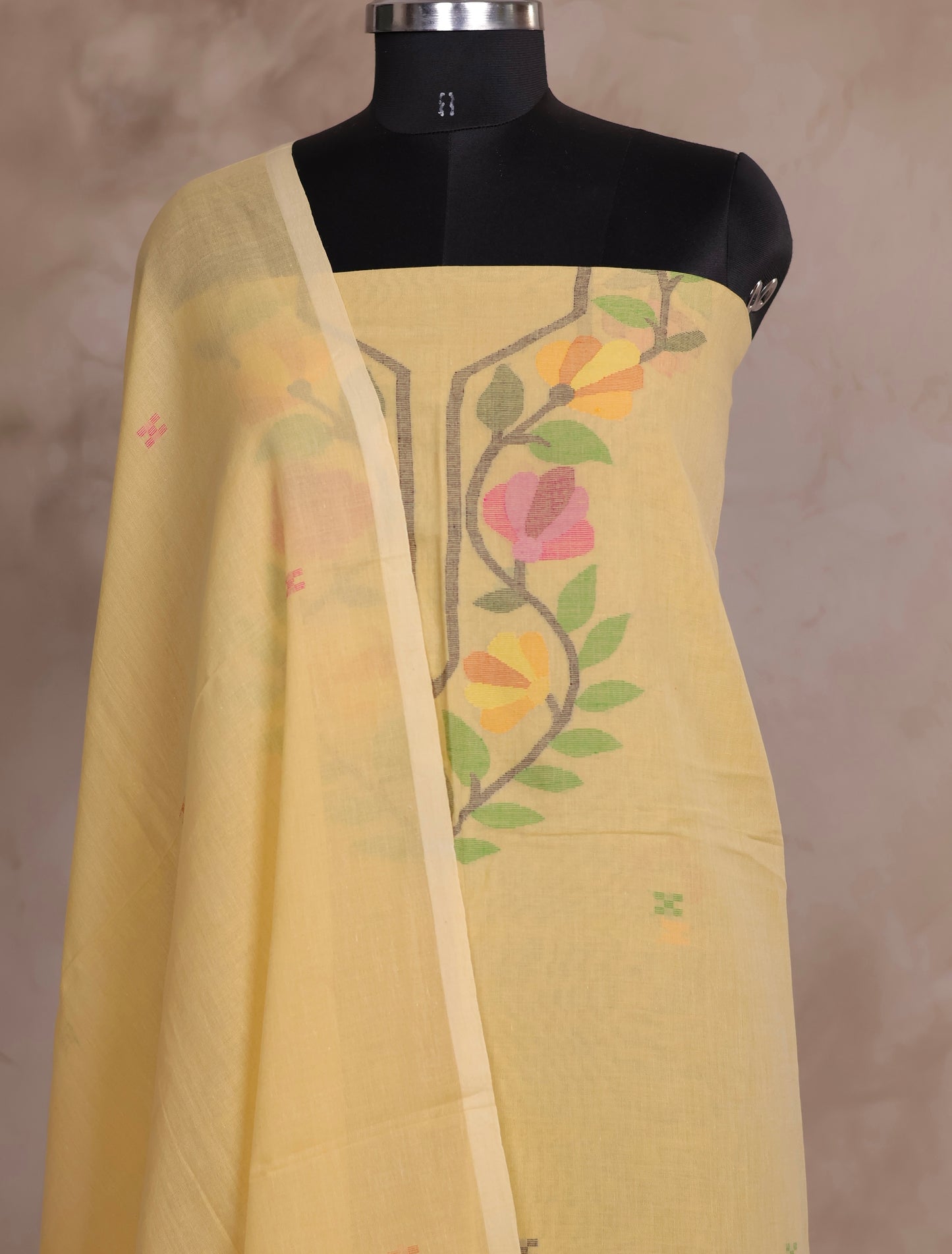Pastel Yellow Handwoven Jamdhani weaving pure Malai cotton 2 piece suit sets | Looms & Tassels