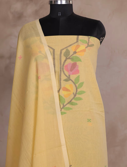 Pastel Yellow Handwoven Jamdhani weaving pure Malai cotton 2 piece suit sets | Looms & Tassels